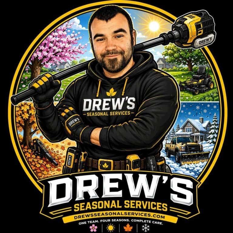 Drew's Seasonal Services badge with Drew and the four seasons