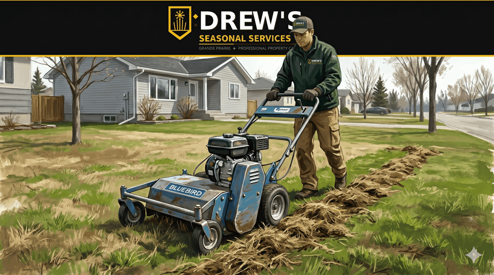 Power raking a lawn in Grande Prairie, a job often paired with aeration and overseeding