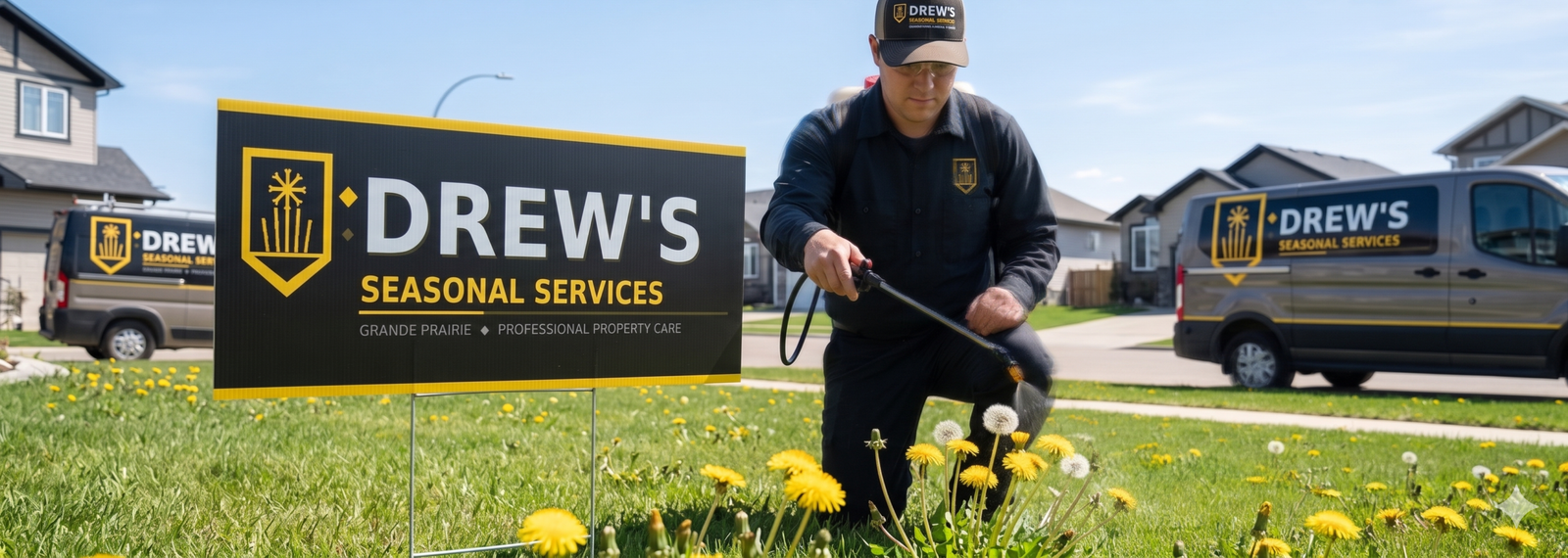 Commercial lawn cutting service Grande Prairie in action on a residential property