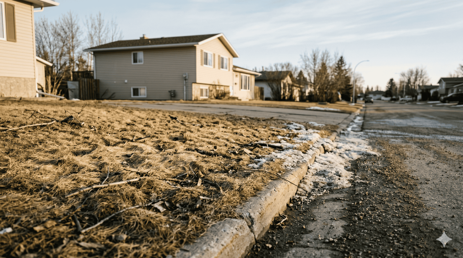 Lawn in early spring in Grande Prairie with debris that winter left behind