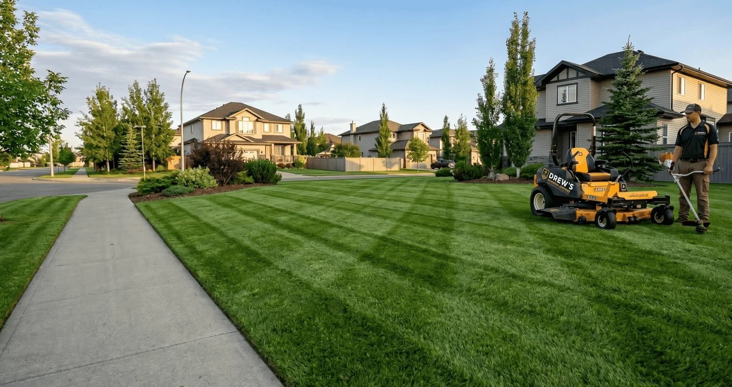 Freshly striped lawn on a Grande Prairie street with a Drew's Seasonal Services mower