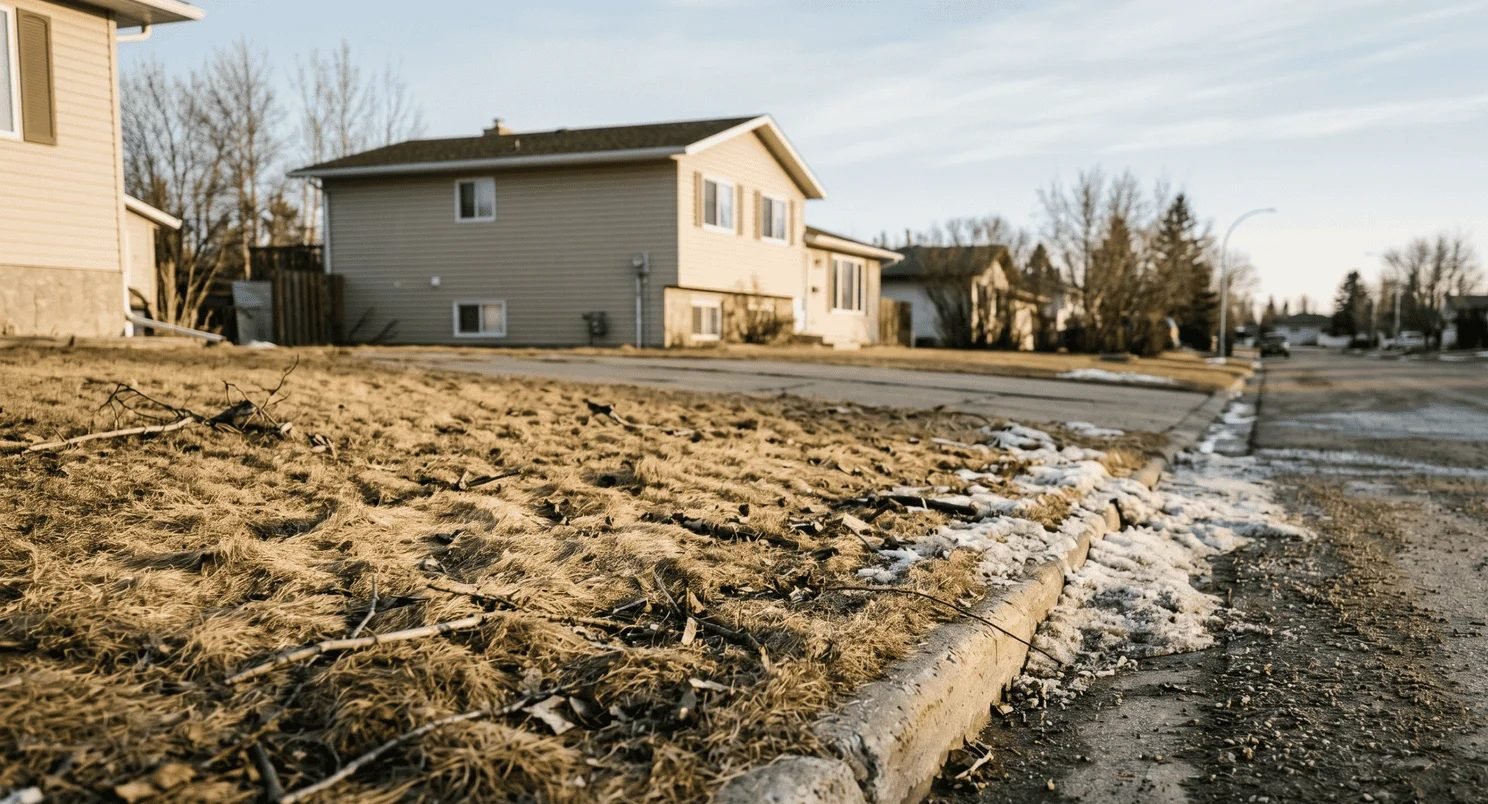 Yard after the snow melts in spring, ready for cleanup